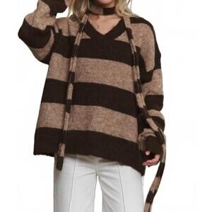 NEW ADORA stripes knit sweater with scarf in brown stripe